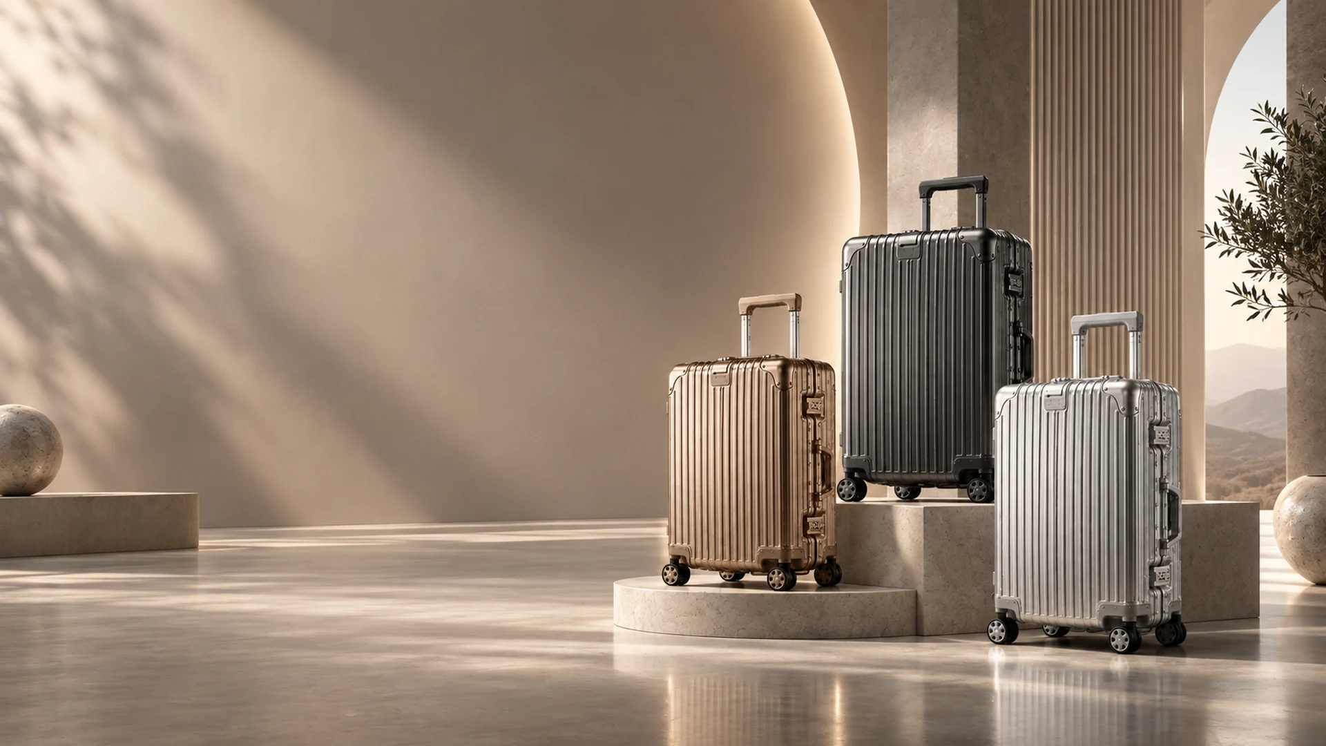RAVONA aluminum luggage in a warm architectural setting