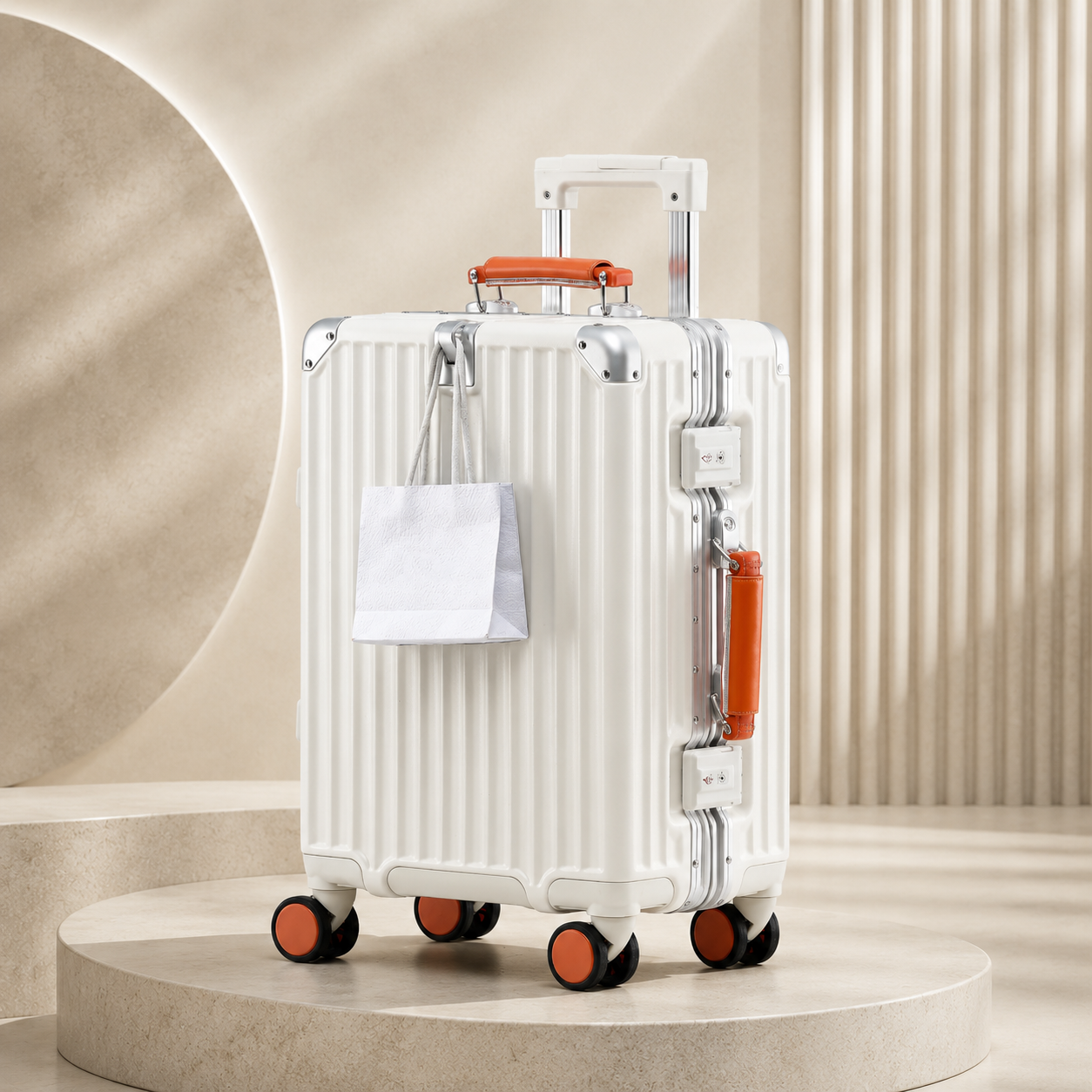 White RAVONA zipperless polycarbonate suitcase