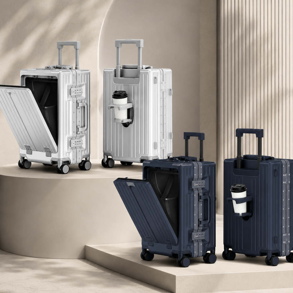 RAVONA 20 Inch Aluminum Frame Front-Opening Carry-On Suitcase