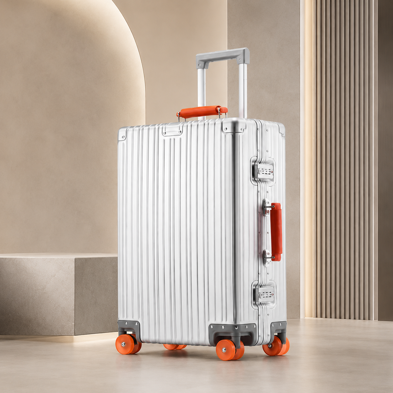 Silver RAVONA 20 inch all-aluminum zipperless carry-on suitcase