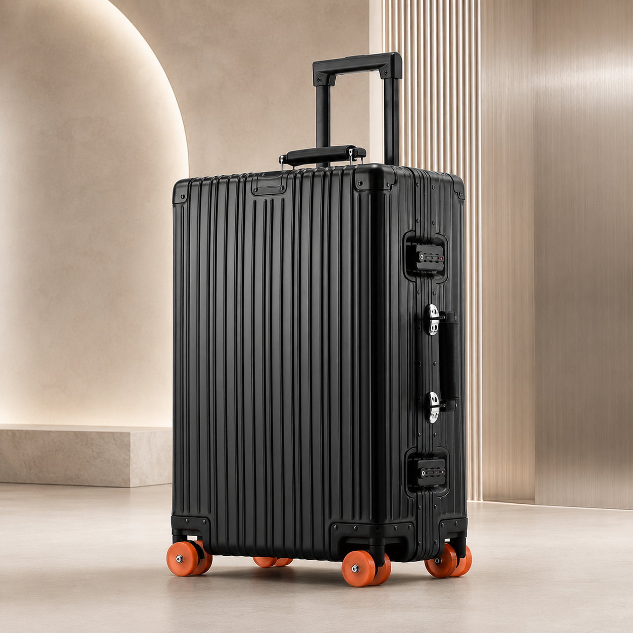 Black RAVONA 20 inch all-aluminum zipperless carry-on suitcase