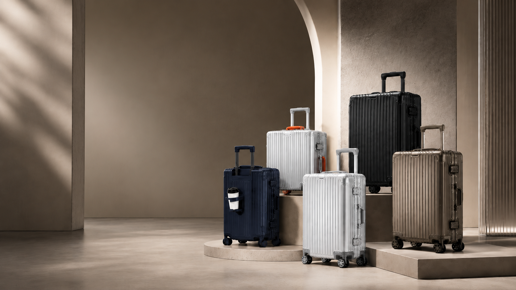 RAVONA luggage collection displayed in a refined architectural interior