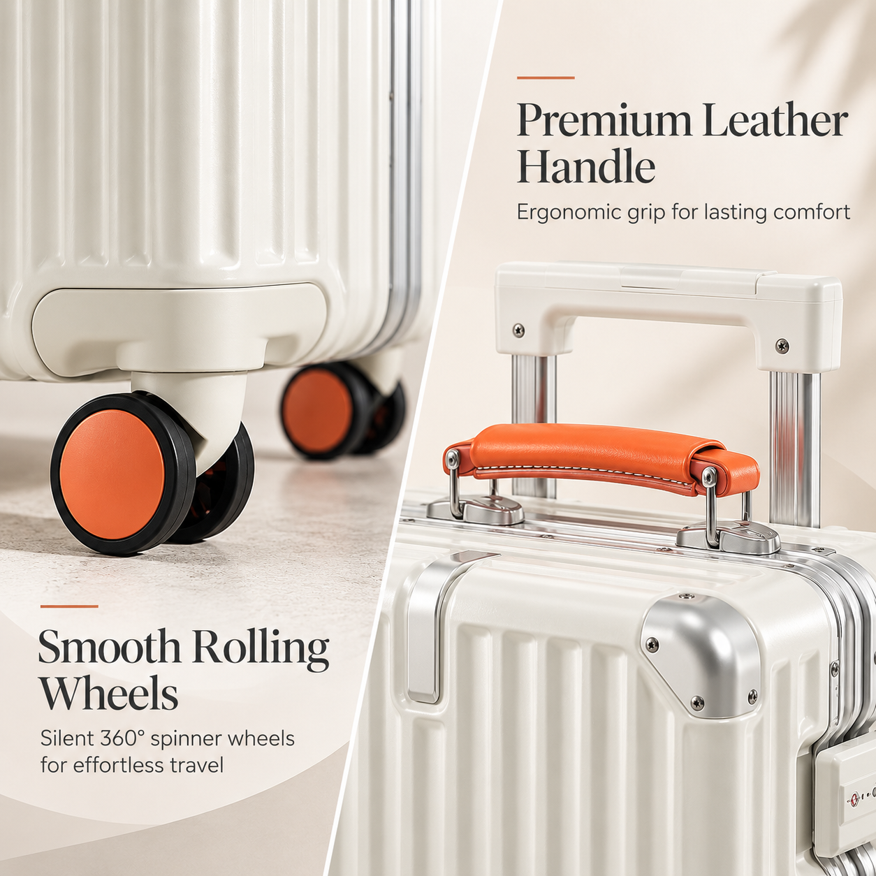 White RAVONA carry-on suitcase showing orange 360 spinner wheels and premium orange leather top handle