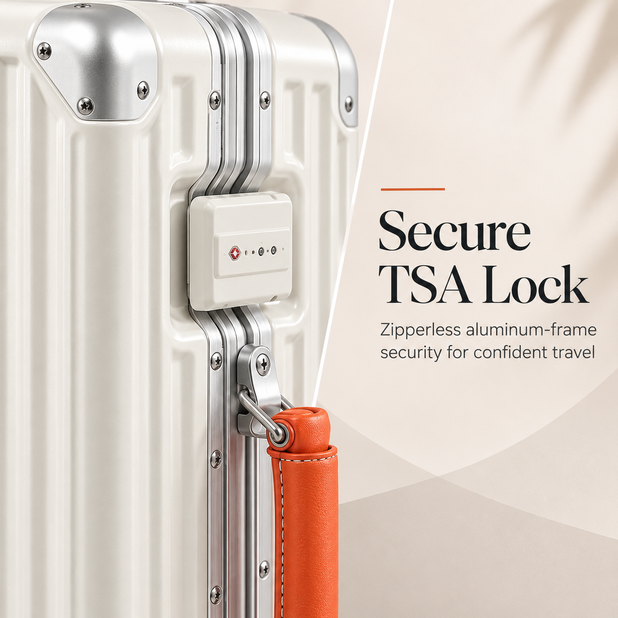 Close-up of TSA-approved lock and aluminum zipperless frame on white RAVONA carry-on luggage