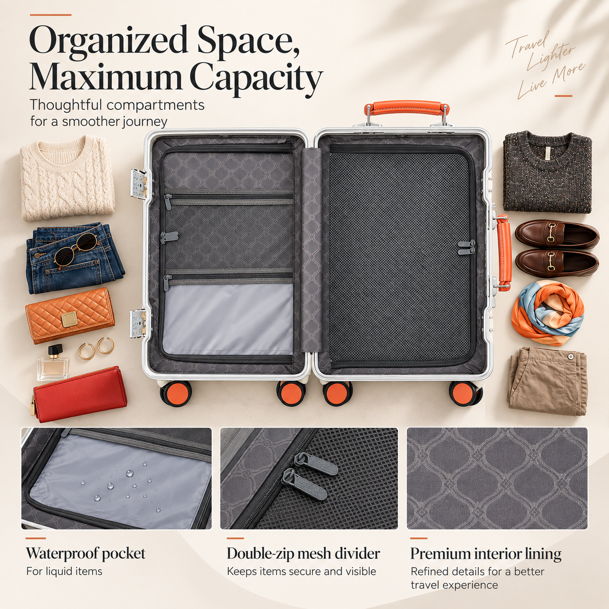 Open white RAVONA carry-on suitcase showing organized interior compartments, mesh storage and protective lining