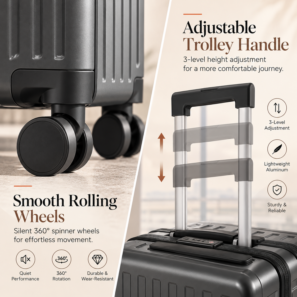 Dark grey RAVONA carry-on suitcase showing silent spinner wheels and adjustable aluminum trolley handle