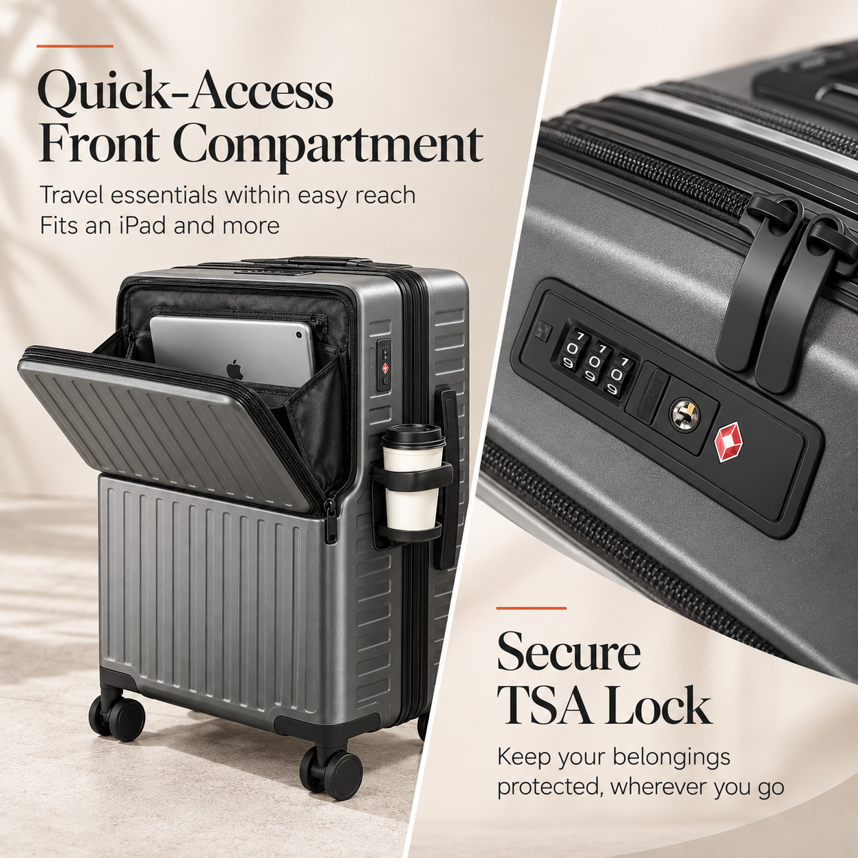 Dark grey RAVONA carry-on luggage with open quick-access front compartment and TSA-approved combination lock