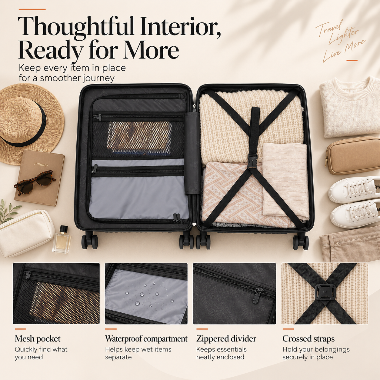 Open dark grey RAVONA suitcase showing mesh pocket, waterproof compartment, zippered divider and crossed packing straps