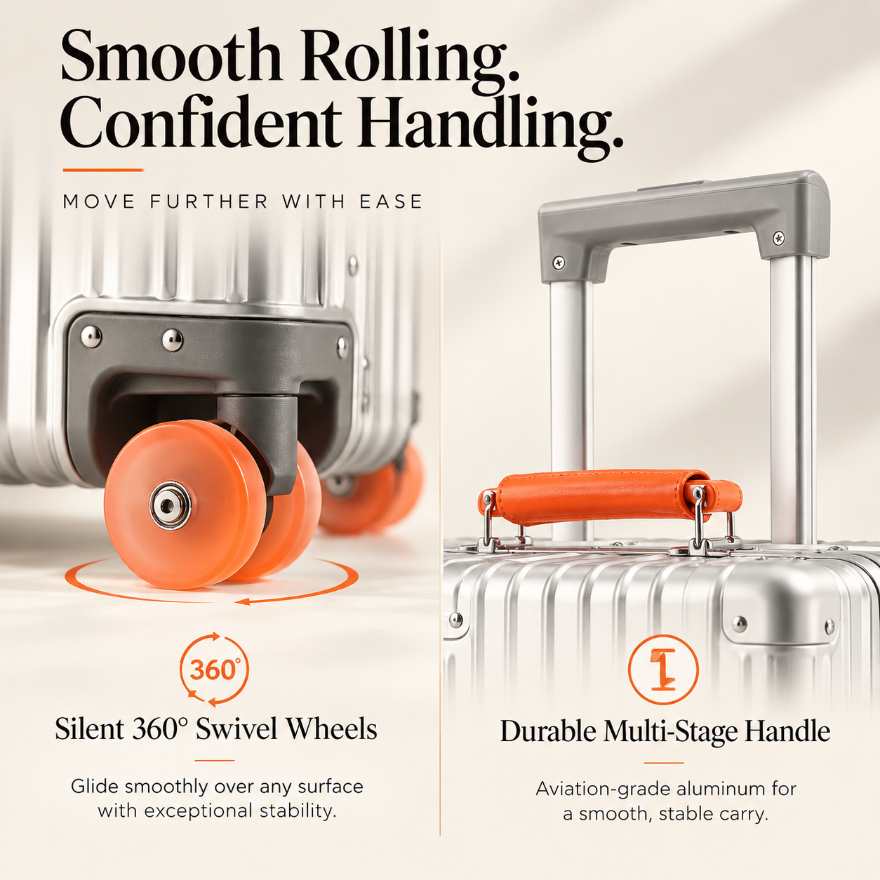 Silver RAVONA aluminum suitcase showing orange 360 swivel wheels and matching premium carry handle