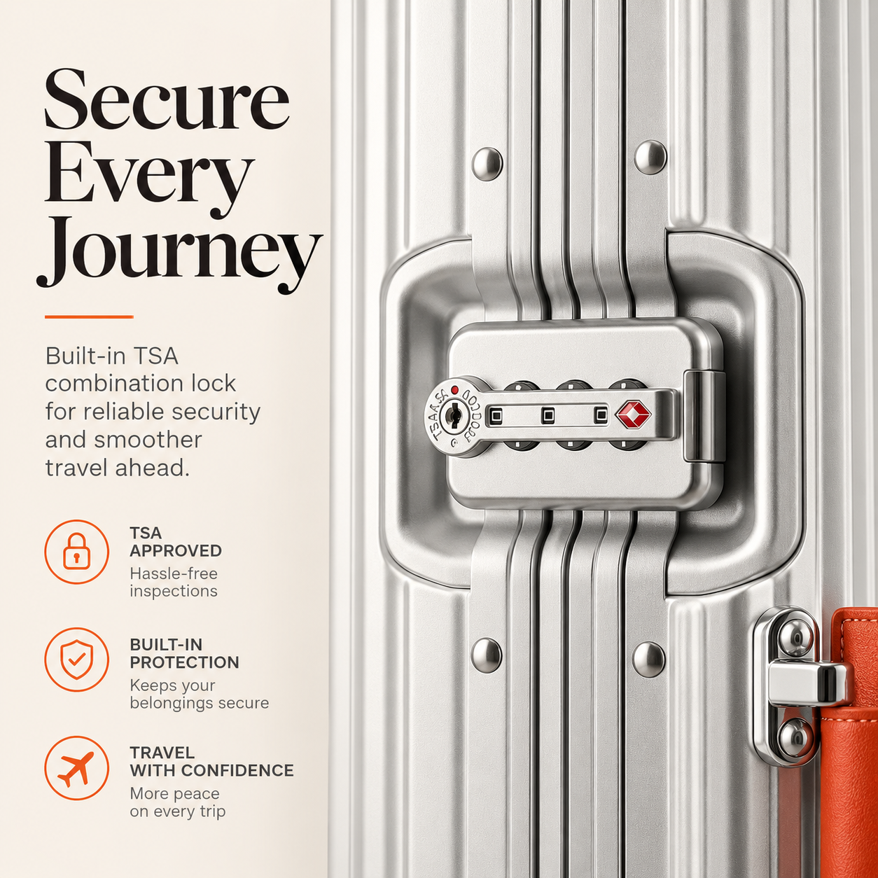 Close-up of built-in TSA-approved combination lock on silver RAVONA magnesium-aluminum luggage