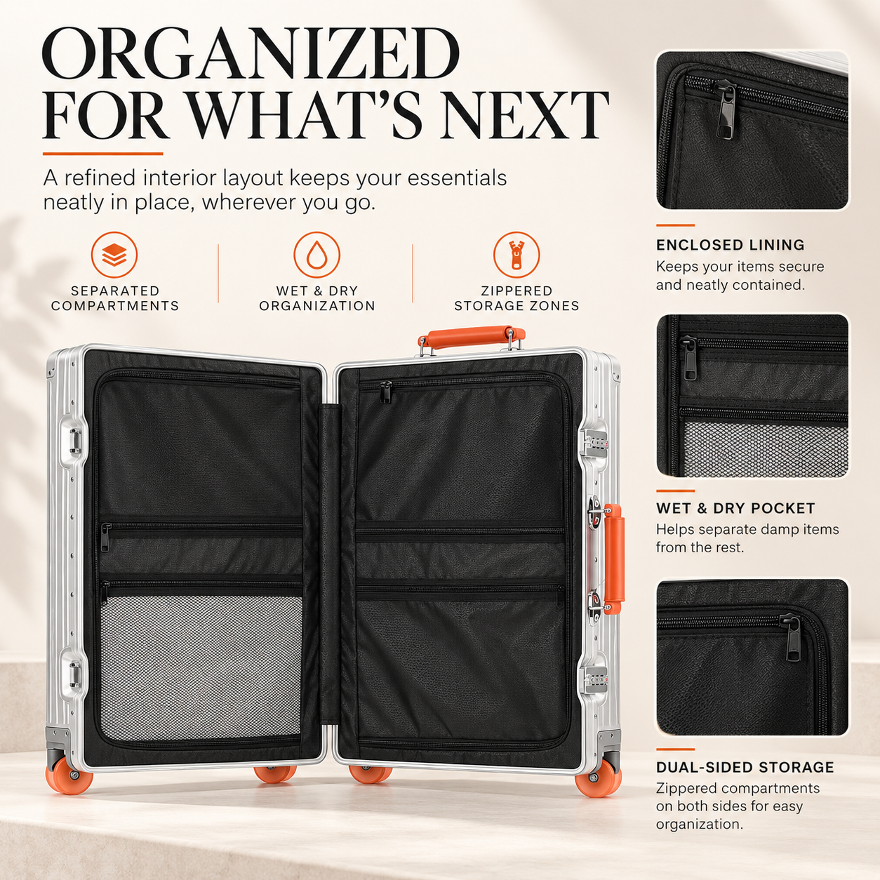 Open RAVONA aluminum suitcase showing dual-sided zippered storage compartments and mesh interior organization
