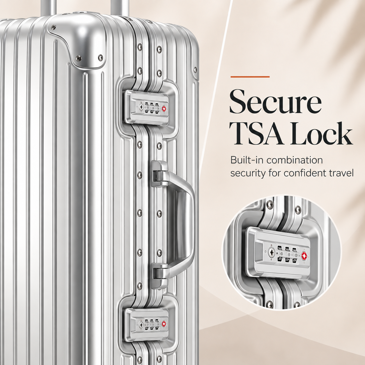 Close-up of TSA-approved combination lock integrated into the silver aluminum frame of RAVONA carry-on luggage