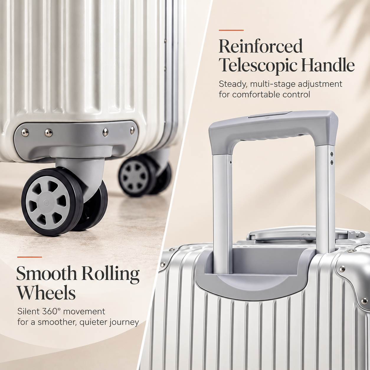 Silver RAVONA aluminum carry-on showing silent 360 rolling wheels and reinforced telescopic trolley handle