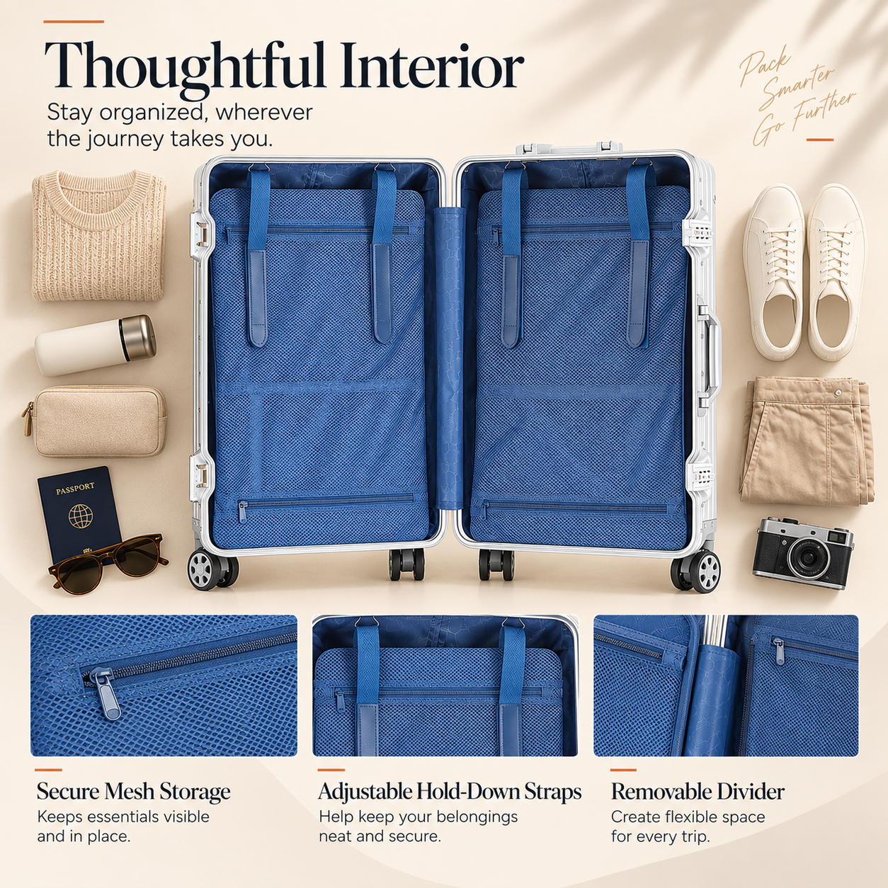 Open silver RAVONA carry-on suitcase showing blue mesh storage, adjustable hold-down straps and removable interior divider