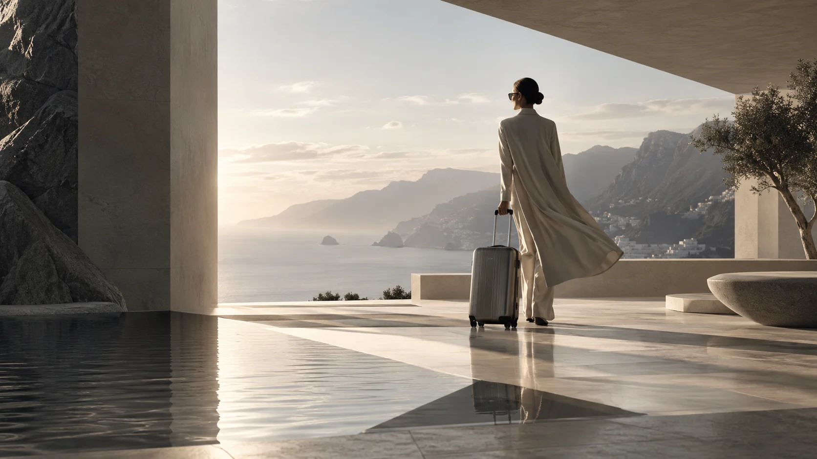 Traveler with premium suitcase in a modern coastal setting representing the RAVONA Journal